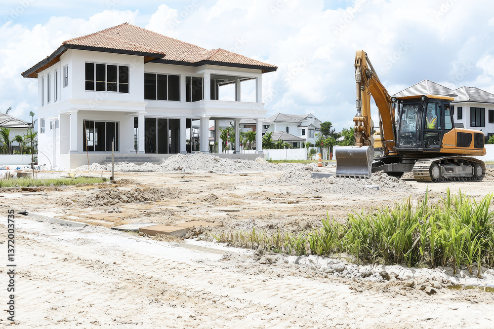 Innovative two story house under construction with heavy machinery nearby Innovative two story house under construction with heavy machinery nearby