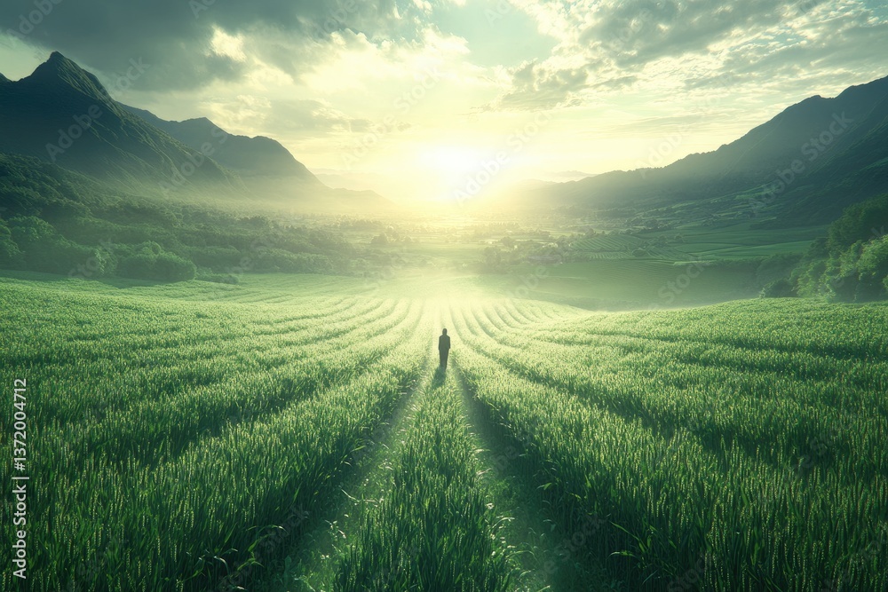 Fototapeta premium Person walks through field towards valley under a bright sky, mountain backdrop