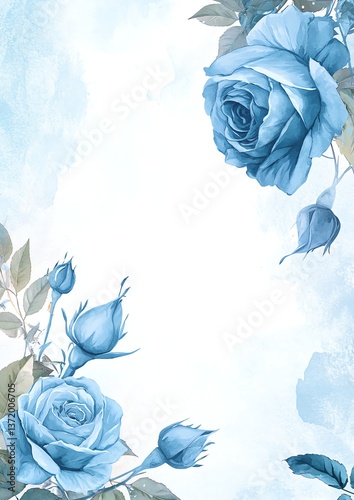 Blue Rose Flower Illustration with Buds and Leaves for Backgrounds