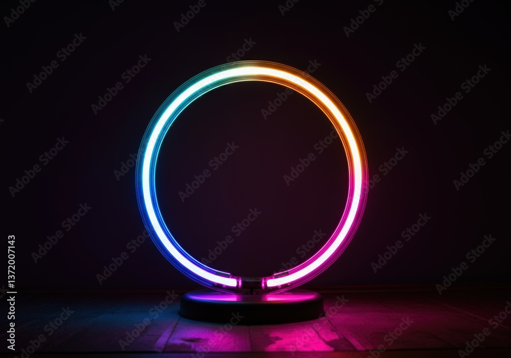 Colorful neon circle lamp illuminating a dark space with vibrant hues Colorful neon circle lamp illuminating a dark space with vibrant hues