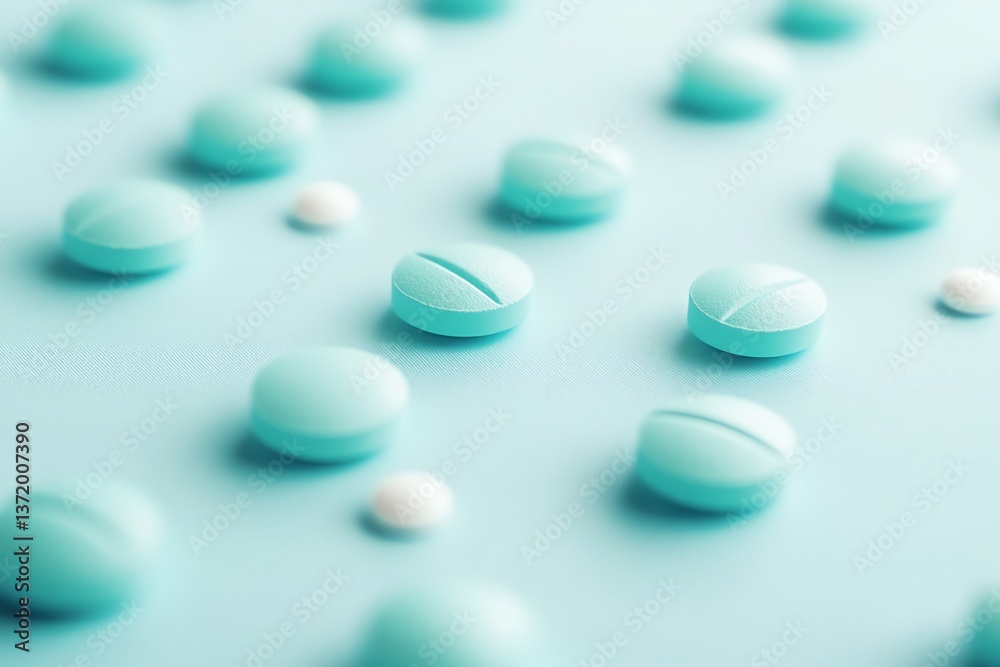 Round Pills on Light Blue Background Medication and Healthcare Concept Round Pills on Light Blue Background Medication and Healthcare Concept
