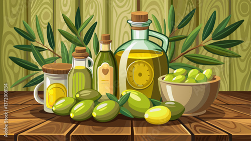 green olives with olive oil. extra virgin olive oil jars on a wooden background. place for text