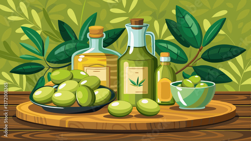 green olives with olive oil. extra virgin olive oil jars on a wooden background. place for text