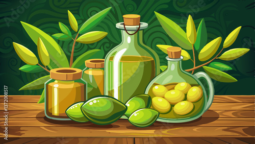 green olives with olive oil. extra virgin olive oil jars on a wooden background. place for text