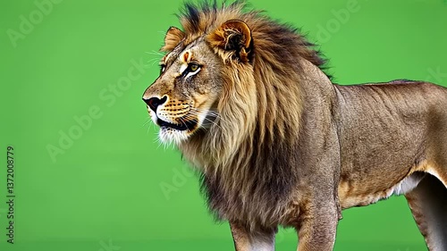 Majestic lion standing against a vibrant green backdrop, showcasing its powerful stance and mane