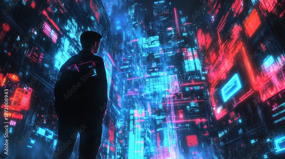 A person stands in a vibrant, futuristic city, gazing at digital displays