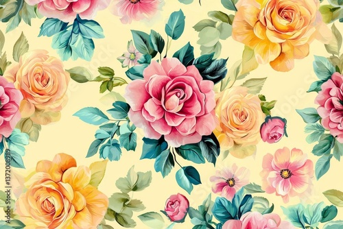 Wallpaper Mural Colorful repeating motifs of bohemian roses and dahlias. Torontodigital.ca