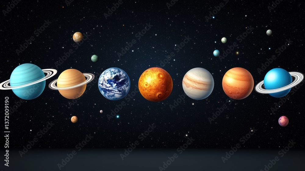 Fototapeta premium A stunningly detailed illustration depicts the planets of our solar system aligned in a row against a backdrop of twinkling stars and cosmic dust in deep space.