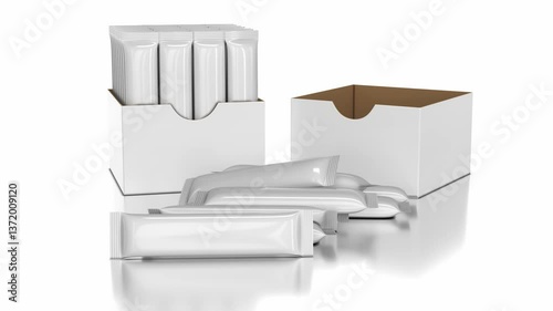 Realistic stick sachets falling on white surface next to display box with stick sachets and empty display box. 3d animation