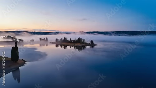 Serene dawn over a misty lake with cypress trees reflecting on the water, peaceful nature scene