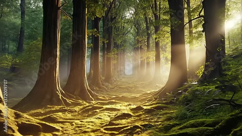 Serene forest path illuminated by sunlight, showcasing lush greenery and tranquil atmosphere