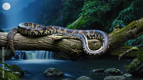 Serene Night Scene Featuring a Snake on a Log by a Waterfall Under a Full Moon in a Lush Forest