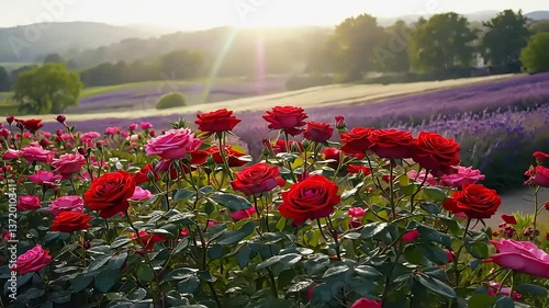 Vibrant blooming roses and lavender fields under a golden sunrise, showcasing nature's beauty