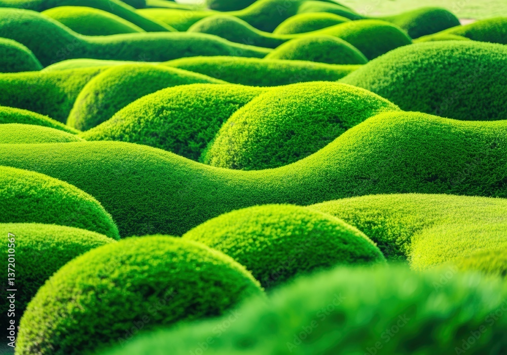 Fototapeta premium Lush green mounds of manicured shrubs create a serene landscape