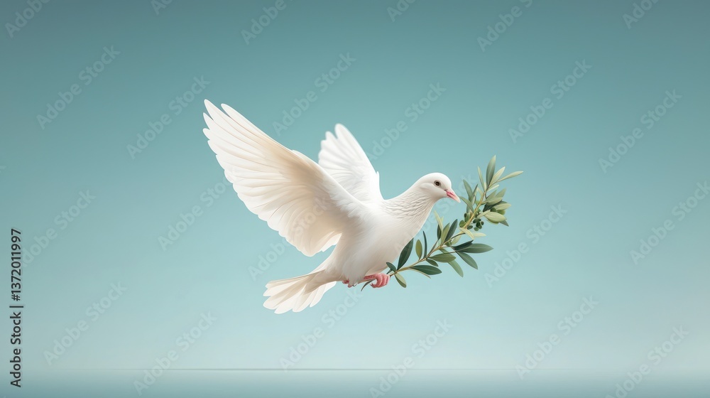 Fototapeta premium Dove with olive branch, soft pastel background