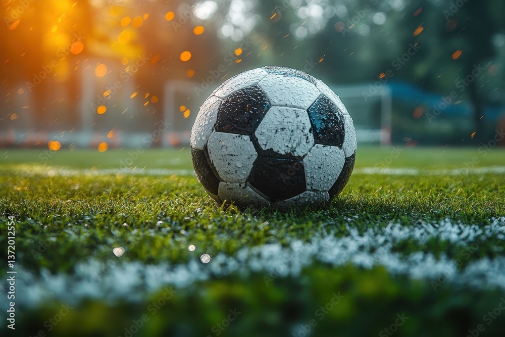 Obraz premium A close-up of a wet soccer ball on a grassy field during morning light after a fresh rain