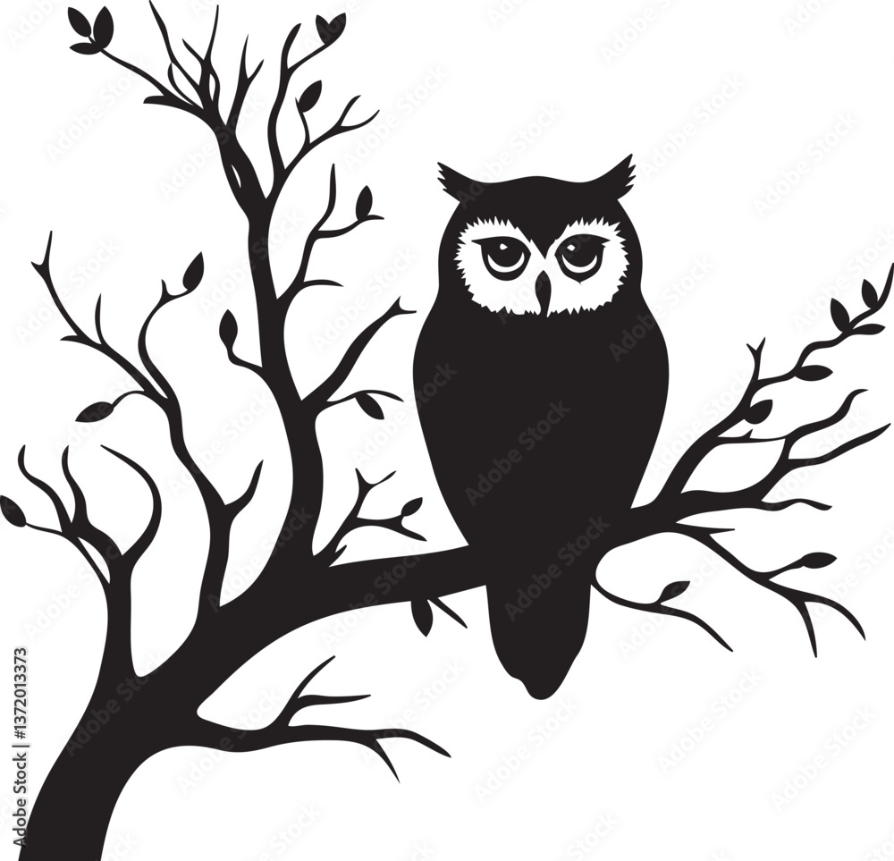 Fototapeta premium Black flat silhouette vector icon, A wise owl perched on a tree branch at night