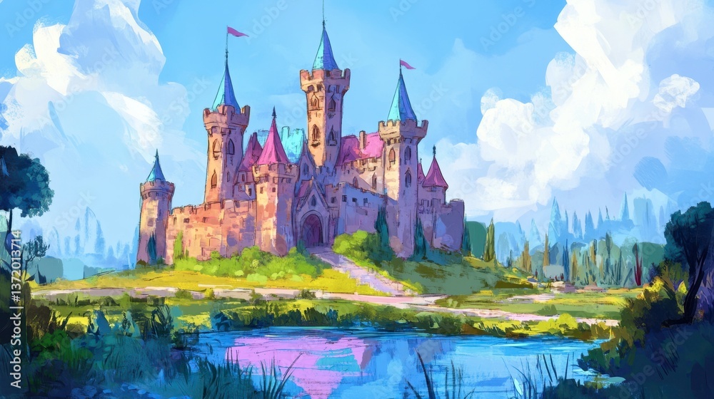 Fototapeta premium Enchanted Fairy Tale Castle Surrounded by Lush Green Landscape