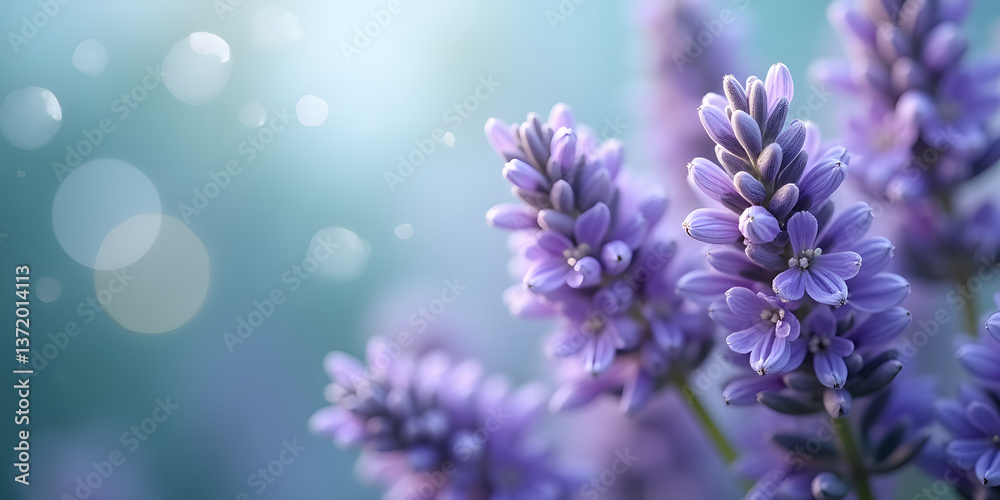 Fototapeta premium The portrait features a detailed, close-up of lavender flowers in full bloom, surrounded by a dreamy, swirling bokeh background with soothing blue and green hues.
