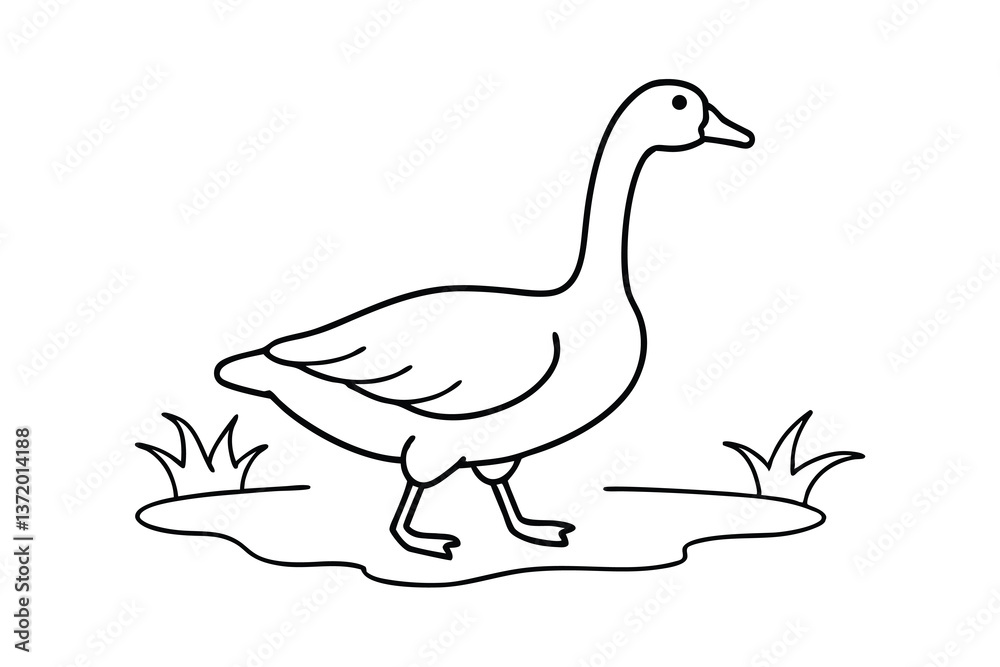 Simple Line Drawing of a Goose by a Pond with Grass Simple Line Drawing of a Goose by a Pond with Grass