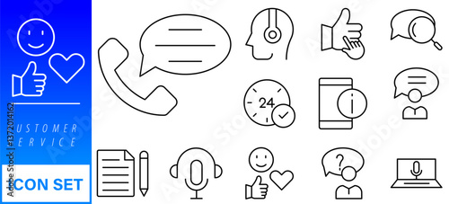Customer Service and Support - Outline Icon Collection. Thin Line Set contains such Icons as Online Help, Helpdesk, Quick Response, Feedback and more. Simple web icons set 