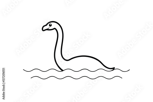 Loch Ness Monster Cartoon, Simple Line Art, Scottish Legend, Cryptid Creature, Lake Monster Illustra