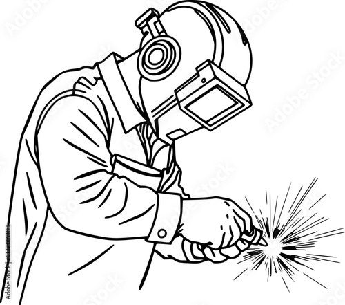 Outline of a welder with sparks minimal industrial manufacturing vector illustration.