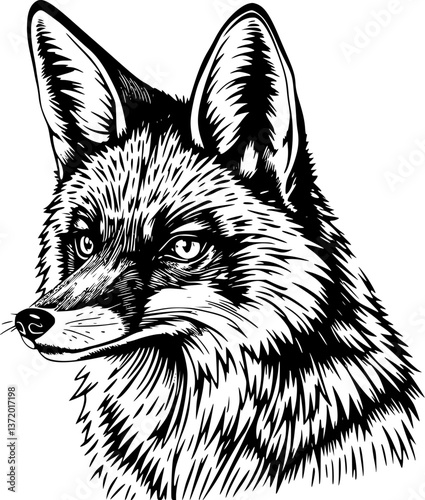 Fox in engraving style. Detailed monochrome vector of a cunning wild animal in vintage style.