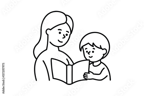 Mother Reading Book to Child Illustration, Literacy, Learning, Family, Education, Childhood, Storyti
