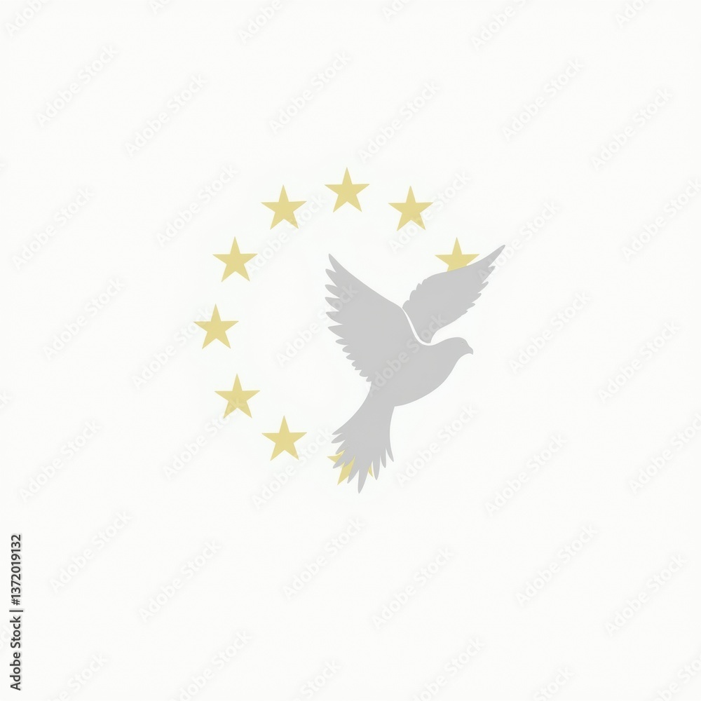 Obraz premium A peace dove in flight, surrounded by EU stars in a circular formation on a white background, symbolizing unity and peace with minimalist design elements.
