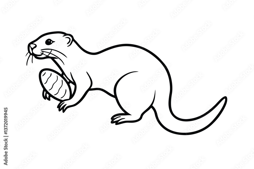 Fototapeta premium Line Art Drawing of Otter Holding Stone, Wildlife Illustration