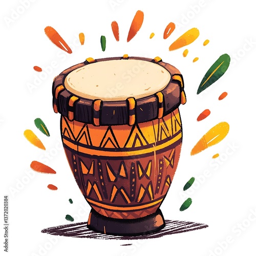 Ornate African Djembe Drum with Colorful Splashes. This illustration features a traditional hand drum decorated with tribal patterns.