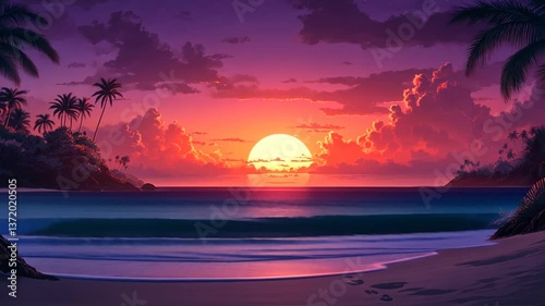 Wallpaper Mural Tropical sunset beach scene, vibrant colors, calm ocean, peaceful atmosphere, perfect for relaxing background Torontodigital.ca