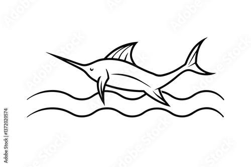Elegant Swordfish Line Art Ocean Waves Marine Wildlife Design