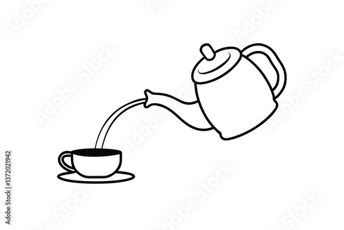 Teapot pouring hot tea into a teacup saucer