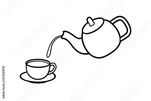Teapot pouring tea into cup, simple line art, beverage, kitchenware