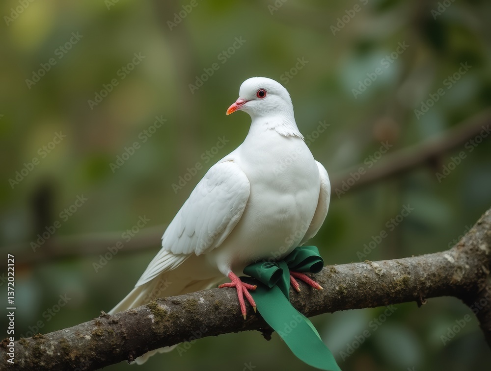 Fototapeta premium White dove on branch with green ribbon in natural earthy tones, peaceful and serene design.
