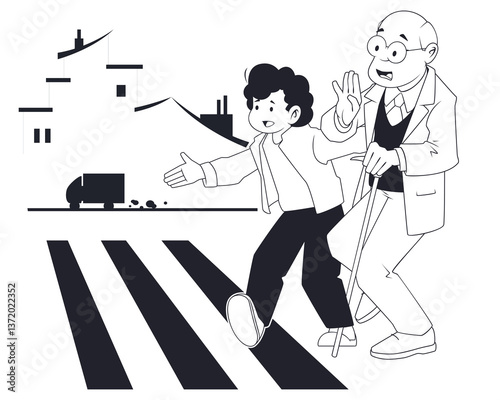 Boy helps an elderly man cross street.
