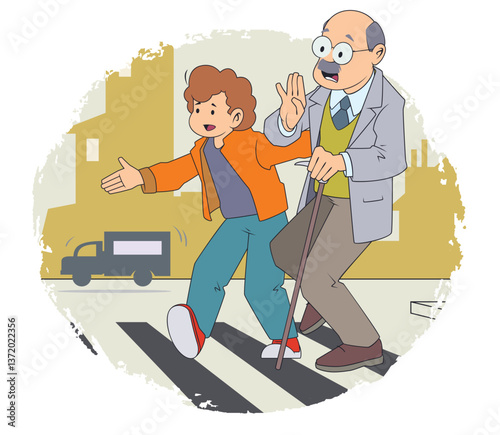 Boy helps an elderly man cross street.