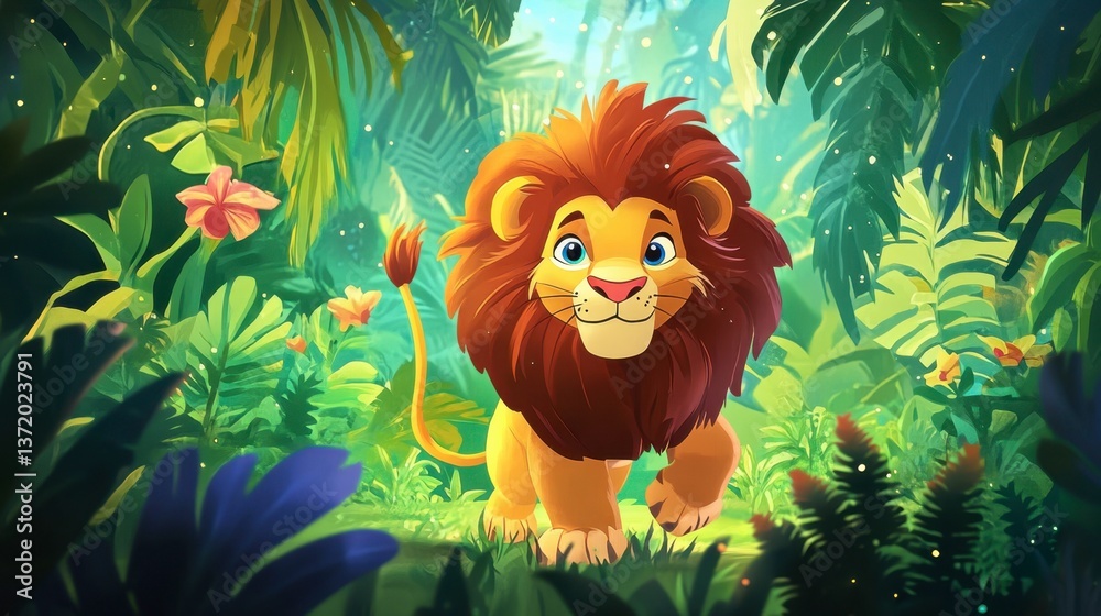 Obraz premium Playful Lion in Lush Jungle with Bright Green Foliage and Flowers