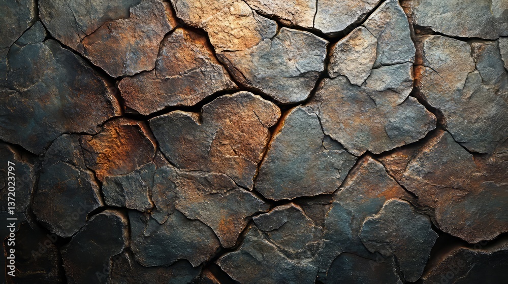 A rugged rock surface with deep cracks and varied tones, illuminated by soft light to bring out the fractures 