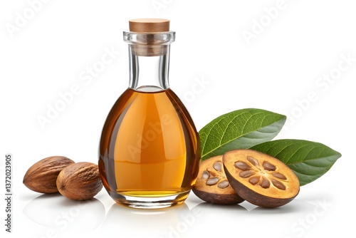 Shikakai Oil in Glass Bottles with Shikakai Pods and Green Leaves