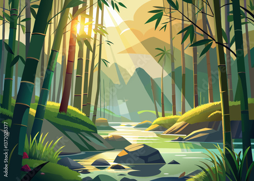 Sunlit bamboo forest with a winding river and distant mountains.