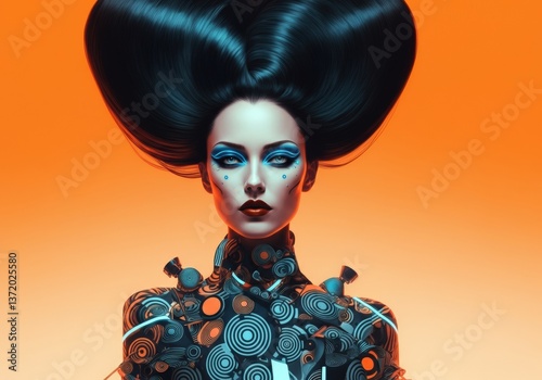 Futuristic woman with bold makeup and striking hairstyle against an orange background