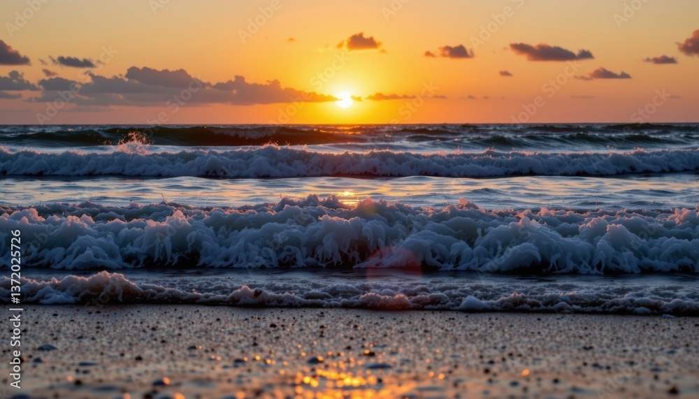 Naklejka premium The sun slowly dips below the horizon, casting a warm glow over the calm ocean waves as gentle sea breezes dance through the air, creating a serene and picturesque scene of tranquility and beauty.