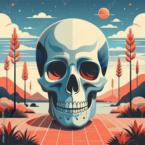 Vibrant and Mystical Skull Illustration with a Star on the Forehead in a Fantasy Landscape.
