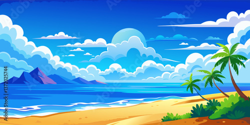 Serene beach landscape with palm trees and distant mountains.