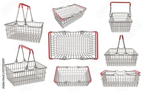 Shopping basket for supermarket products. Shop equipment. Realistic market bag. Multi-angle of metal shiny basket. Png transparency