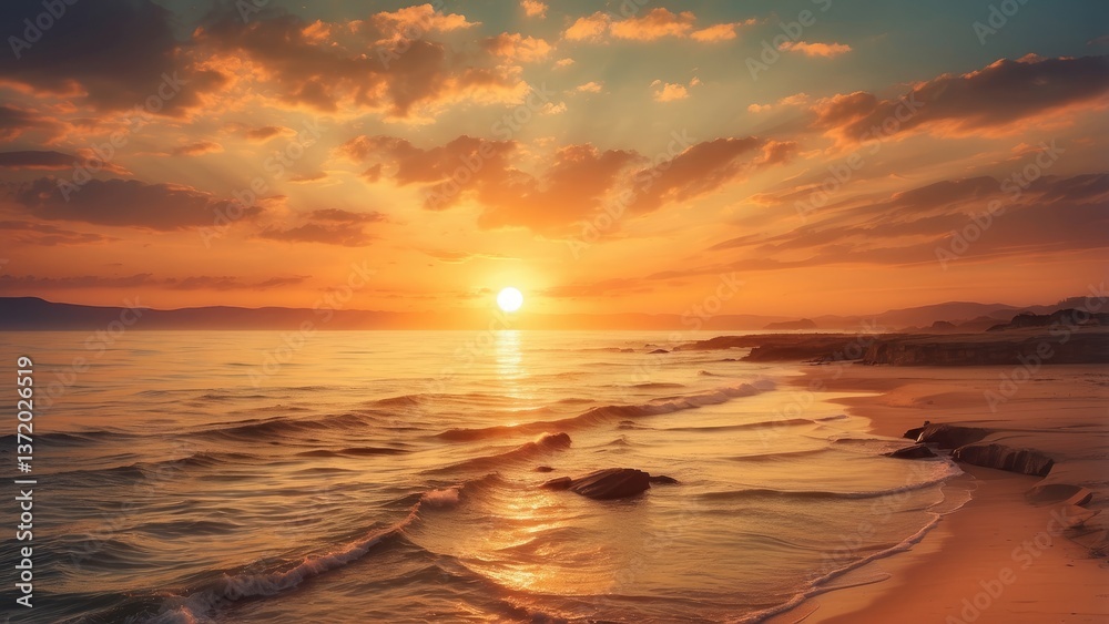 Obraz premium A sunset over a mountainous landscape,