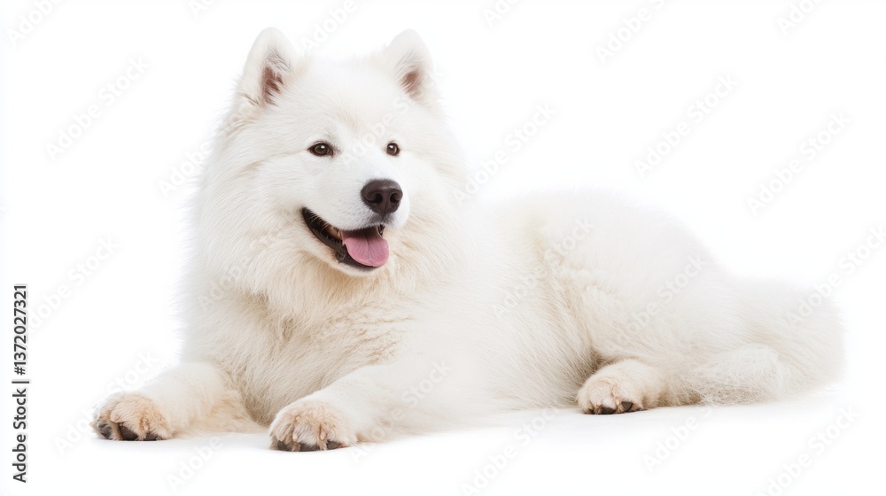 Fototapeta premium Fluffy White Samoyed Dog Relaxing Peacefully on White Background